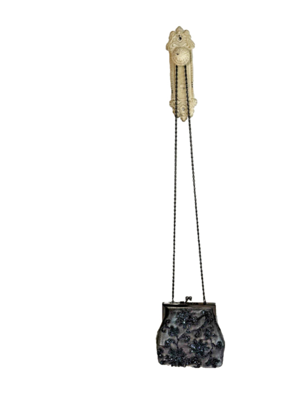 Hillard & Hanson Beaded Gray Fabric Chain Strap Crossbody Bag Formal Luxury